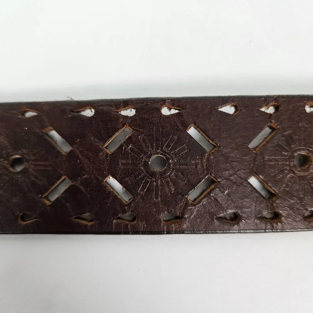 Boho Chocolate Brown Perforated Sunburst Tooled Leather Belt L